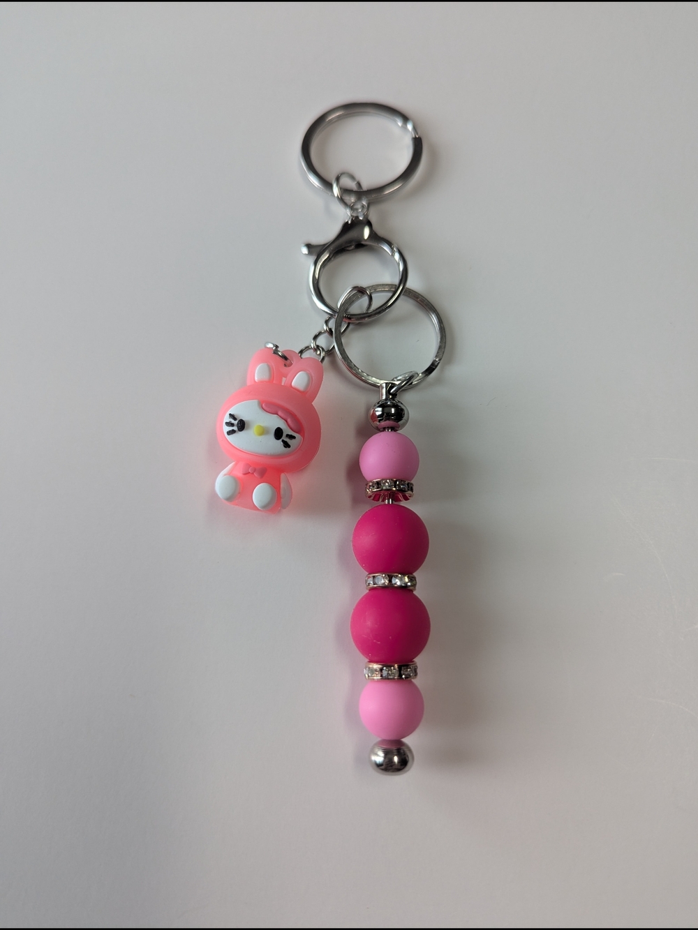 Handmade Hello Kitty Bunny Charm Keychain Bag Charm Rhinestones Pink Beads NEW